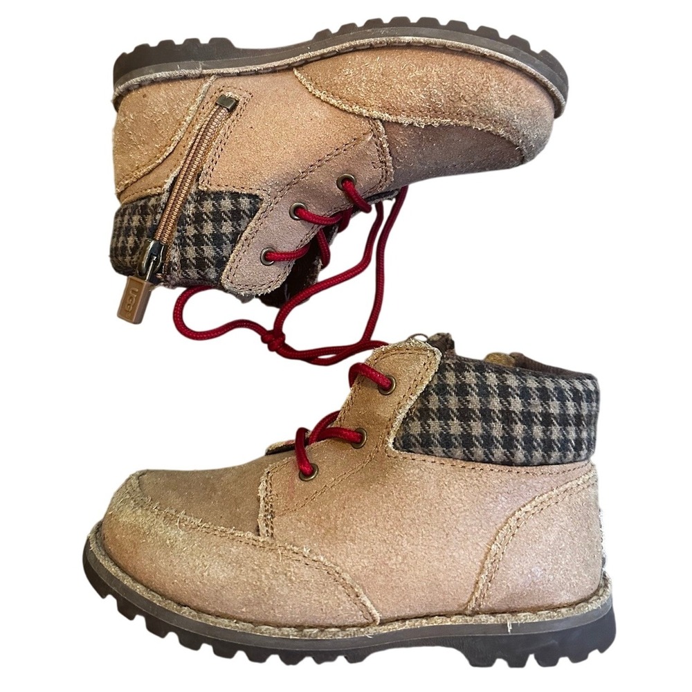 UGG Tan Suede Houndstooth Lace Up Zip Boots Toddler‎ 9